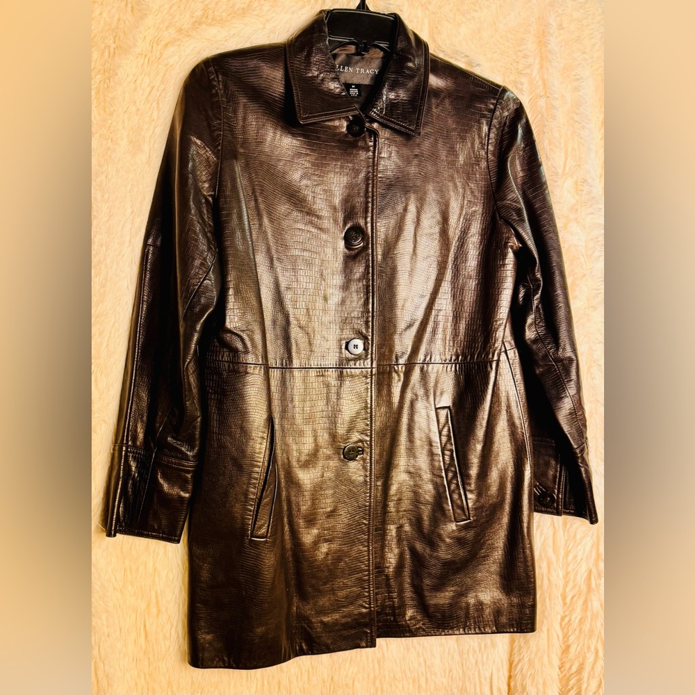 Ellen Tracy Genuine Leather Chocolate Croc-Embossed Coat – Size Medium